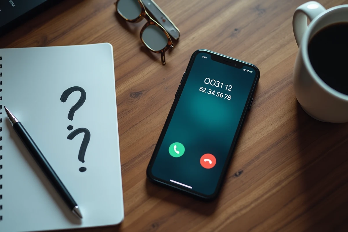 Gros plan sur un smartphone affichant un appel entrant avec l'indicatif 0031 posé sur un bureau en bois avec un bloc-notes
