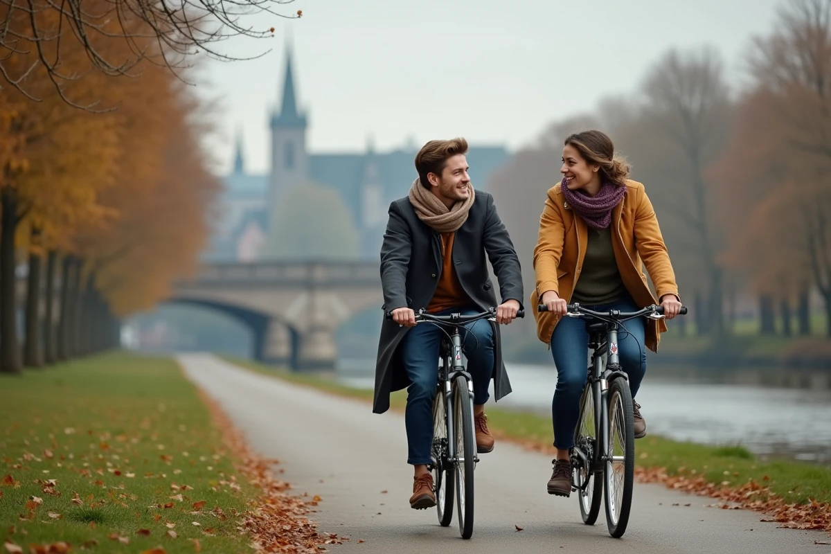 Couple de cyclistes longeant les bords de l'Ill à Strasbourg en automne avec la cathédrale en arrière-plan