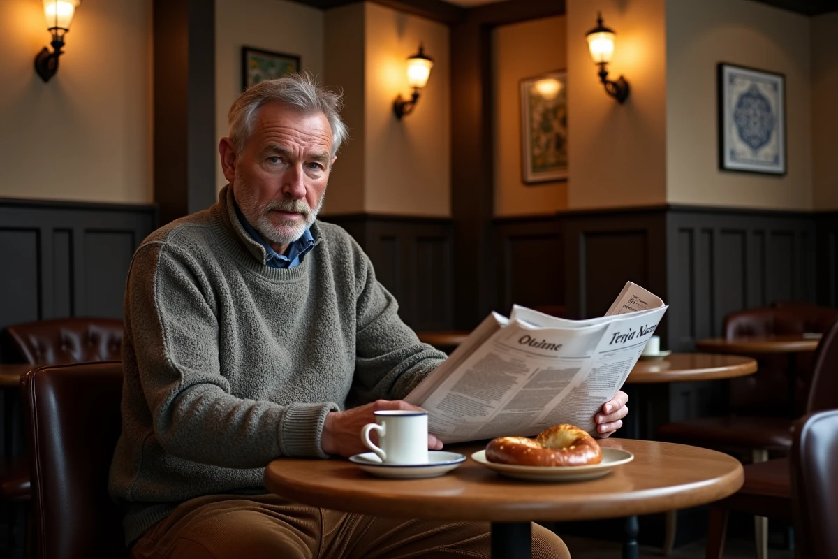 Homme attablé dans une winstub traditionnelle de Strasbourg avec bretzel et café, ambiance alsacienne authentique
