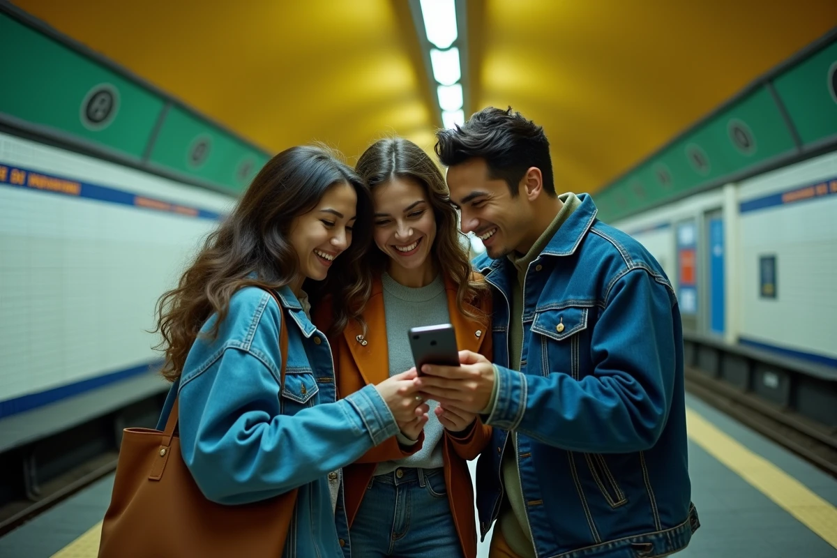 Groupe d'amis consultant les événements électro parisiens sur un quai de métro parisien en soirée