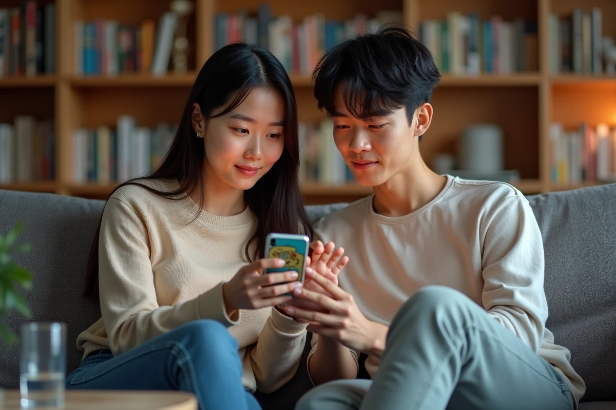 Deux amis découvrant ensemble le manhwa sur smartphone dans un salon, introduction à Toonily pour nouveaux lecteurs