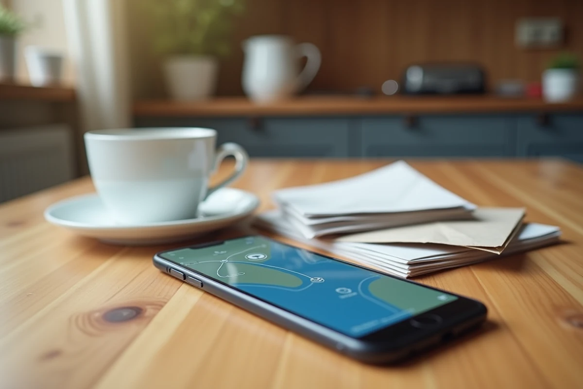 Smartphone affichant une interface de suivi en temps réel du passage du facteur posé sur une table en bois avec des enveloppes