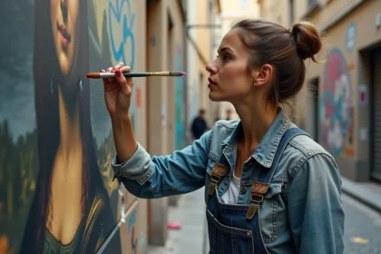 Artiste de rue peignant une parodie de la Joconde sur un mur urbain en béton