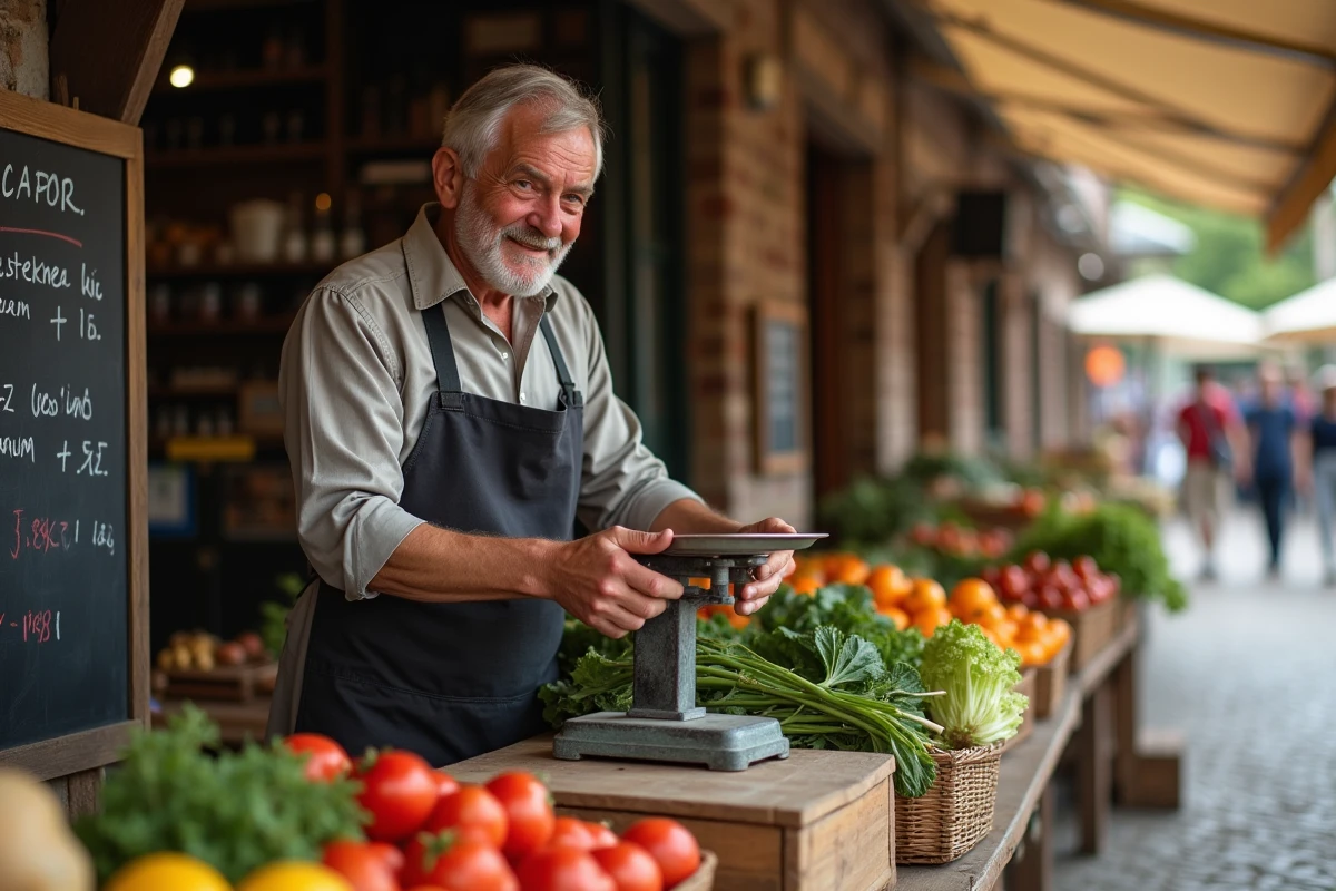Vendeur de marché ajustant une balance mécanique graduée en grammes et kilogrammes sur un étal de légumes frais
