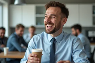 Collègue de bureau racontant une blague de beauf pendant la pause café dans une cuisine open space moderne