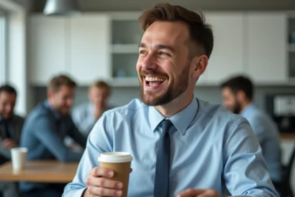 Collègue de bureau racontant une blague de beauf pendant la pause café dans une cuisine open space moderne