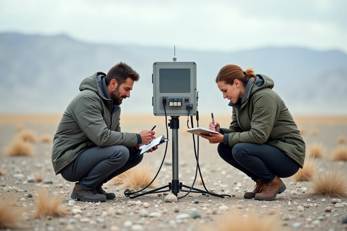Deux chercheurs ajustant une station météorologique portable dans les plaines de gravier du désert de Gobi en Mongolie