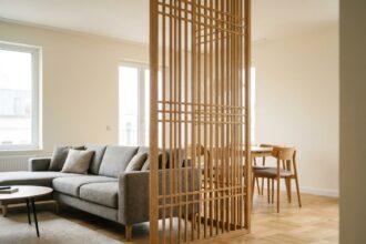 Claustra en bois naturel séparant un salon d'une salle à manger dans un intérieur moderne et lumineux