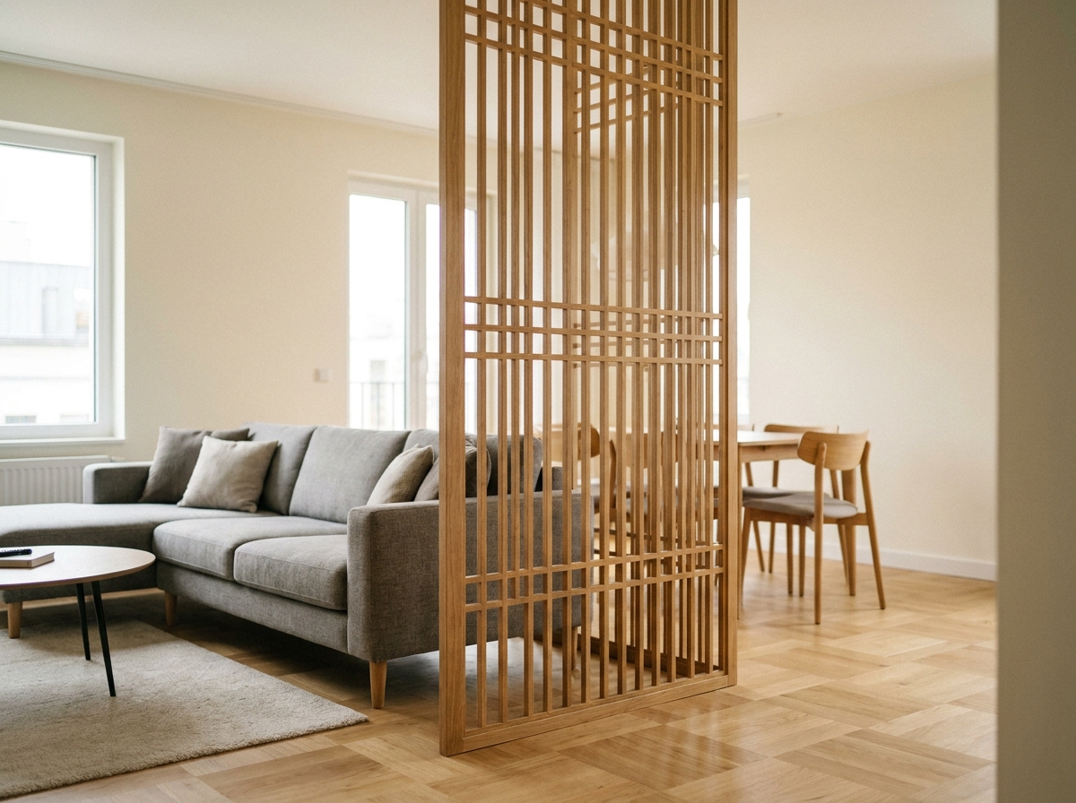 Claustra en bois naturel séparant un salon d'une salle à manger dans un intérieur moderne et lumineux