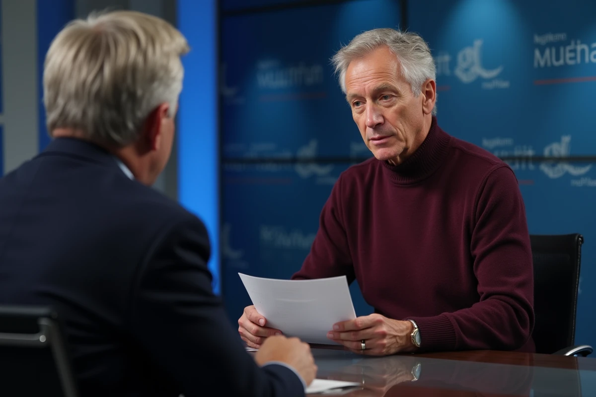 Commentateur politique en col roulé bordeaux préparant une interview dans un studio de débat télévisé