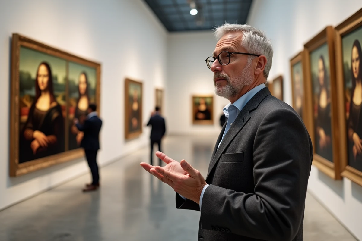 Conservateur de musée devant une collection de copies et réinterprétations de la Joconde