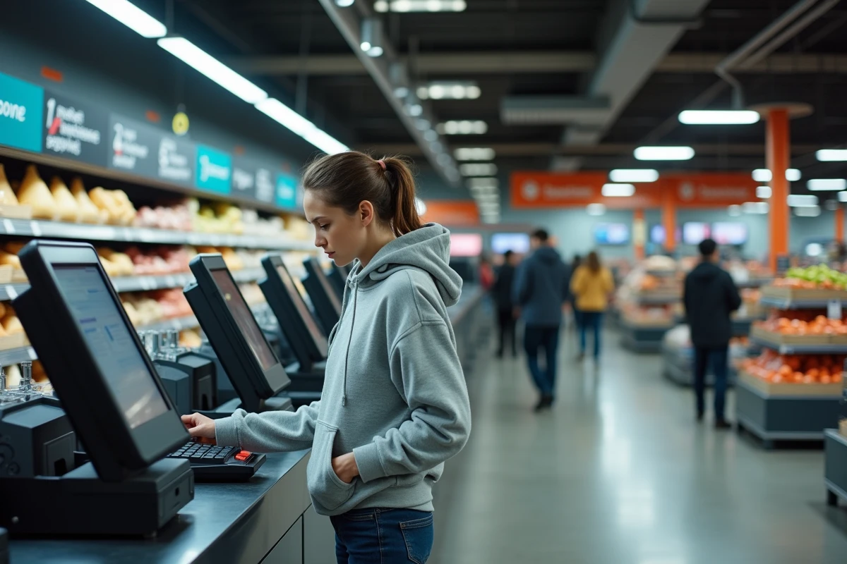 Femme faisant ses courses tard le soir à une caisse automatique dans un supermarché ouvert 24h/24 à Montpellier