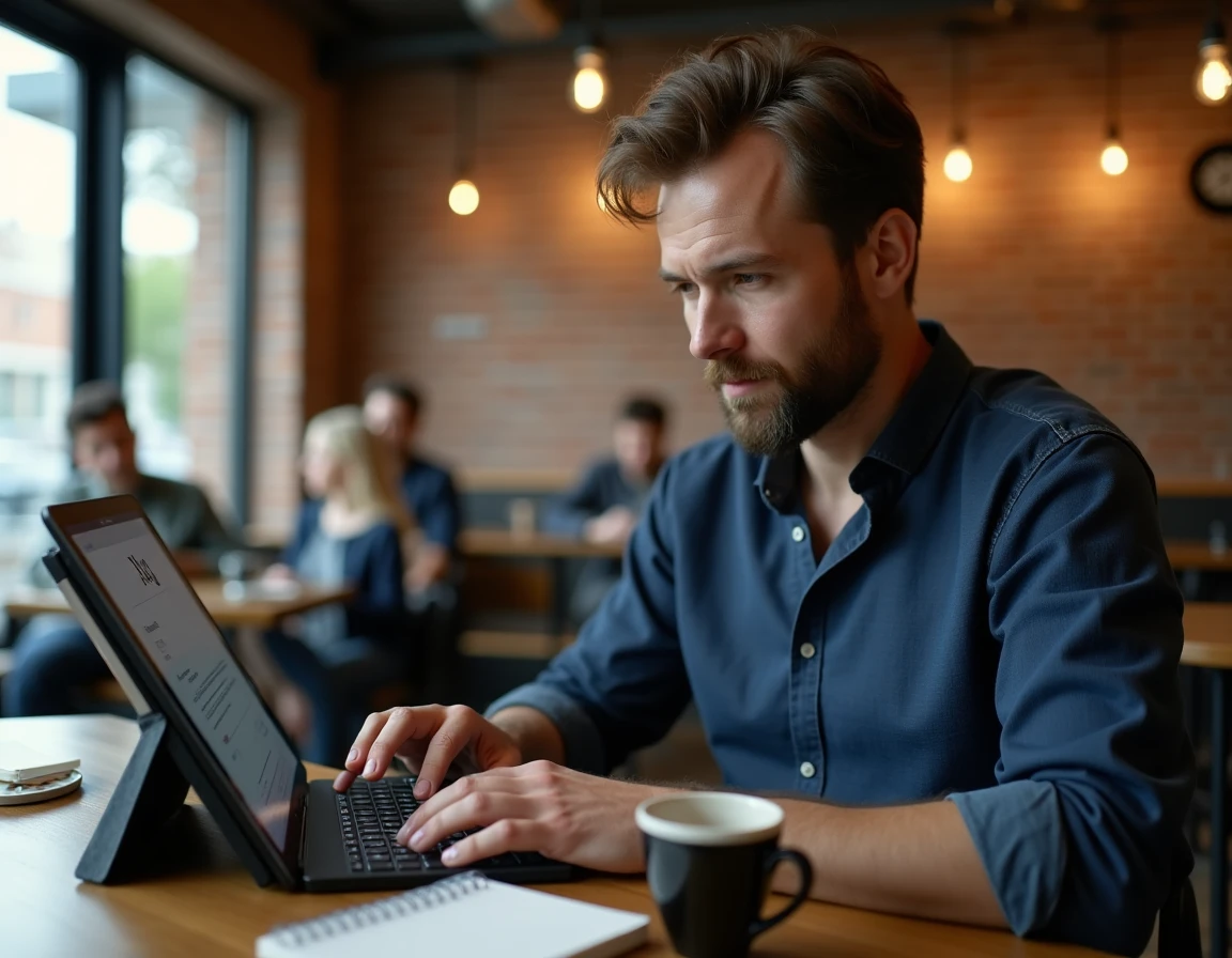 Homme adulte travaillant sur l'interface de son blog depuis un café avec une tablette et un clavier sans fil