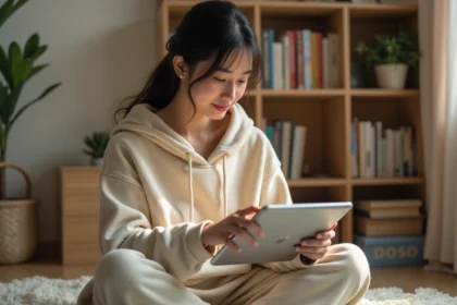 Jeune femme découvrant le manhwa sur tablette dans sa chambre cosy, illustration pour débutants sur Toonily