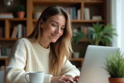 Jeune femme débutante créant son premier blog sur un ordinateur portable dans un bureau à domicile chaleureux