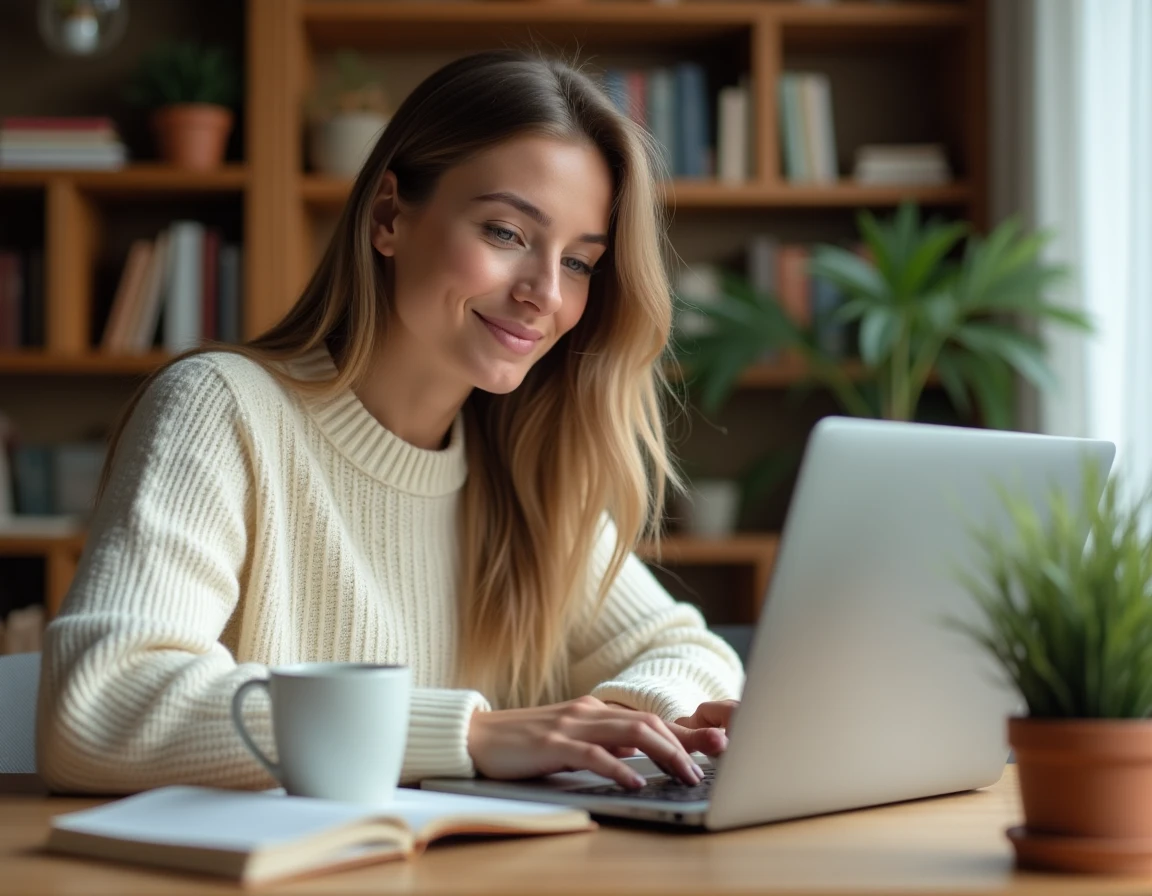 Jeune femme débutante créant son premier blog sur un ordinateur portable dans un bureau à domicile chaleureux