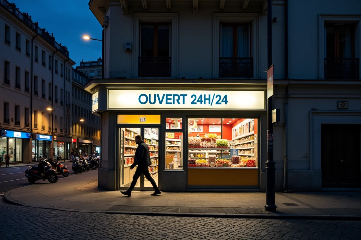 Devanture d'un commerce ouvert 24h/24 la nuit dans une rue de Montpellier avec enseigne lumineuse