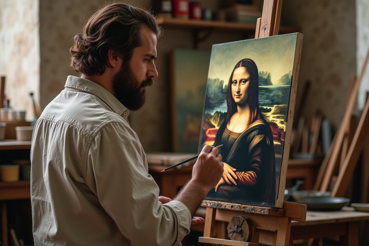 Étudiant en beaux-arts copiant la Joconde à l'huile sur toile dans un atelier classique