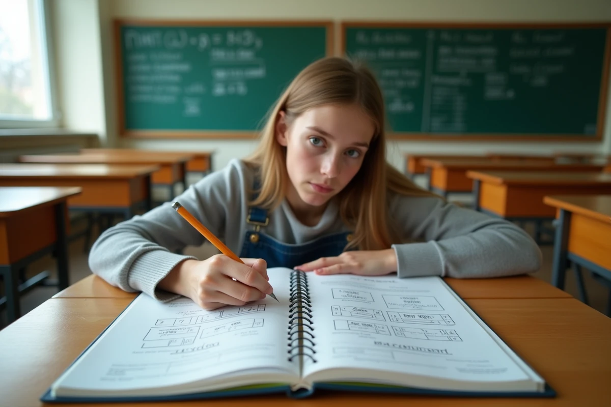 Étudiant prenant des notes sur la conversion grammes kilogrammes dans un manuel scolaire de sciences