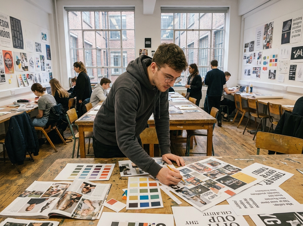 Étudiant en classe préparatoire aux écoles d'art composant un moodboard graphique