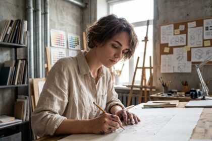Étudiante en prépa design travaillant sur des croquis géométriques dans un atelier d'art