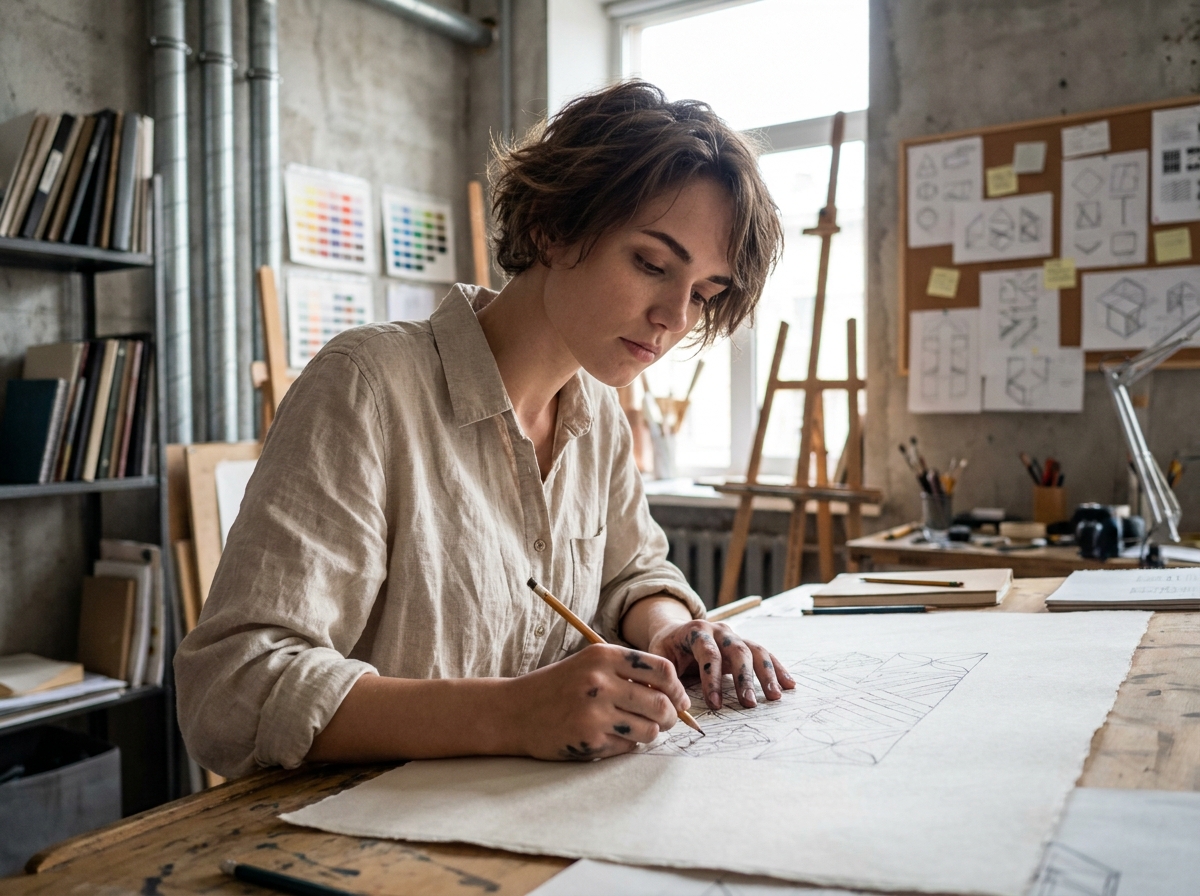 Étudiante en prépa design travaillant sur des croquis géométriques dans un atelier d'art