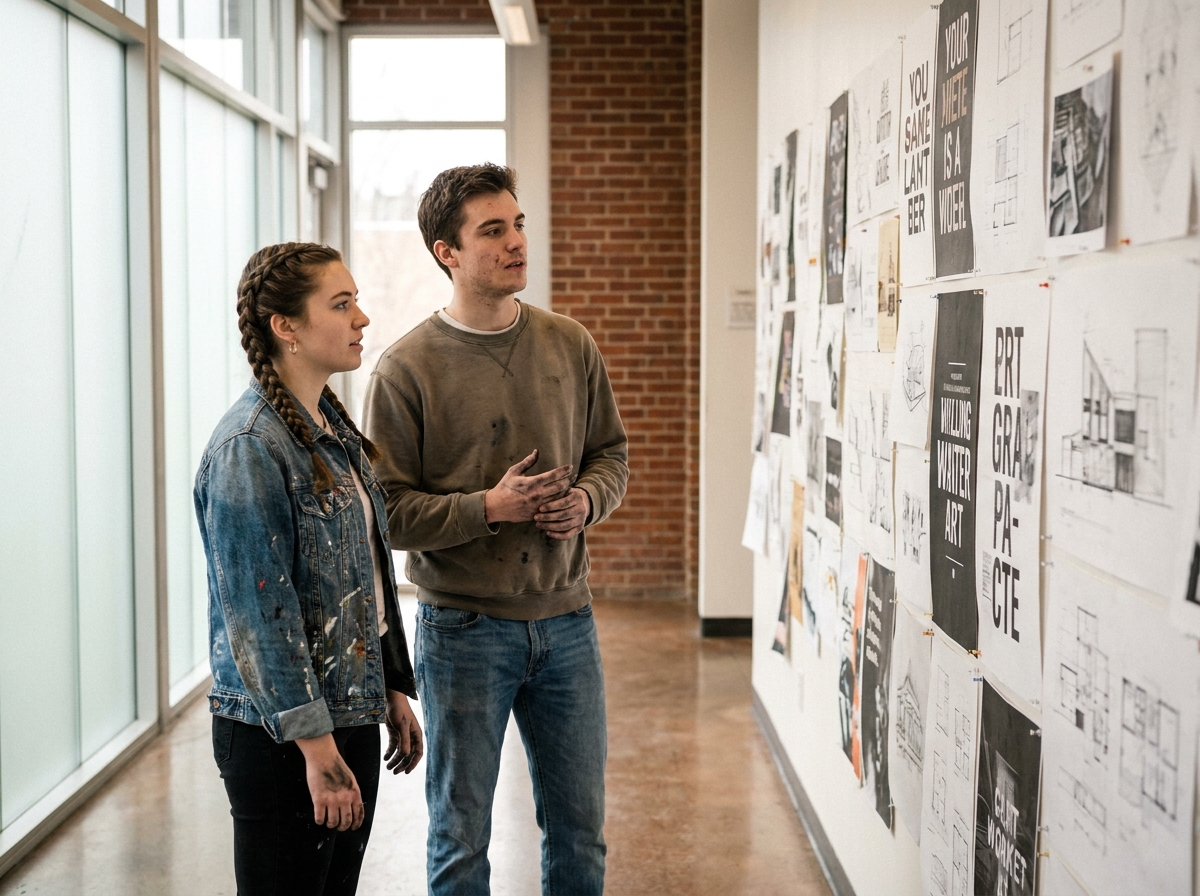 Deux étudiants en prépa art devant un mur de révision de portfolio en école d'art