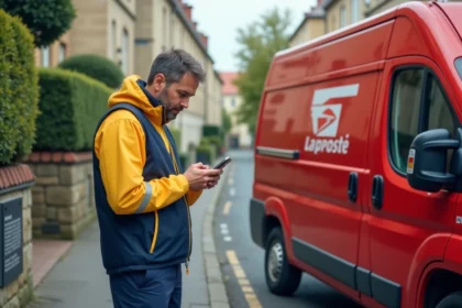 Facteur en uniforme La Poste consultant son smartphone devant un van rouge dans une rue résidentielle française