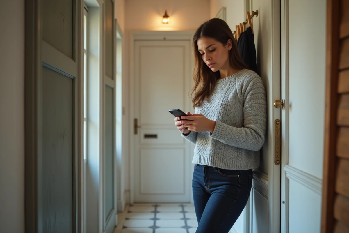 Femme consultant une application de suivi du passage du facteur sur son smartphone dans un couloir d'appartement français
