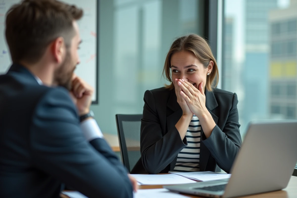 Femme en réunion de bureau retenant un fou rire suite à une blague de collègue, ambiance salle de conférence vitrée