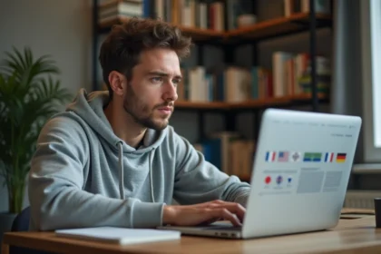 Homme consultant un site web politique français sur son ordinateur portable, l'air perplexe face aux redirections vers le Rassemblement National