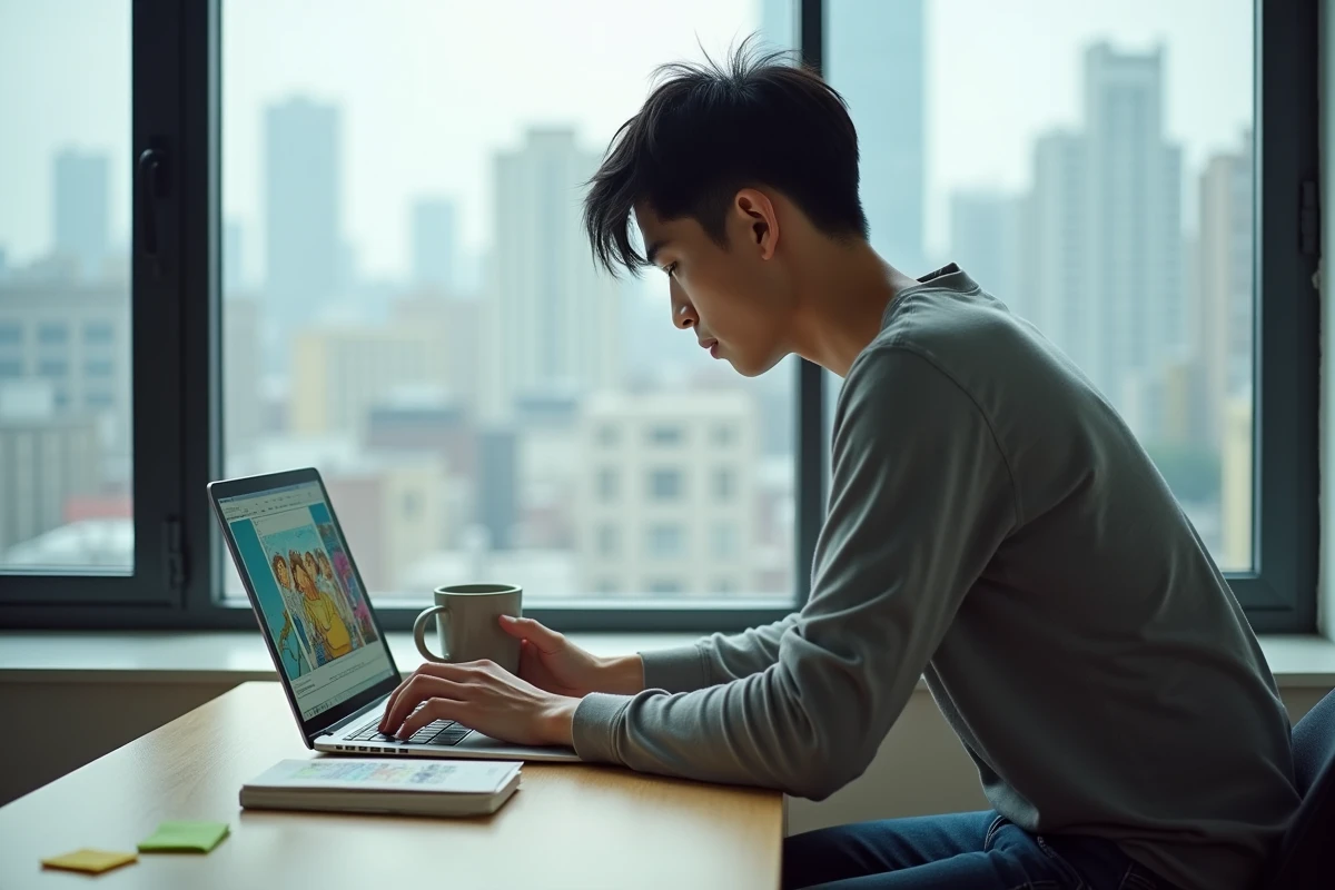 Jeune homme lisant un manhwa sur ordinateur portable dans un bureau moderne, guide Toonily pour débutants