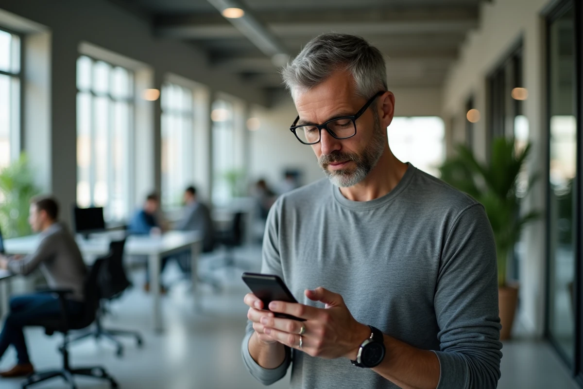 Homme consultant des données personnelles sur smartphone dans un bureau moderne, risques de confidentialité numérique Niodle