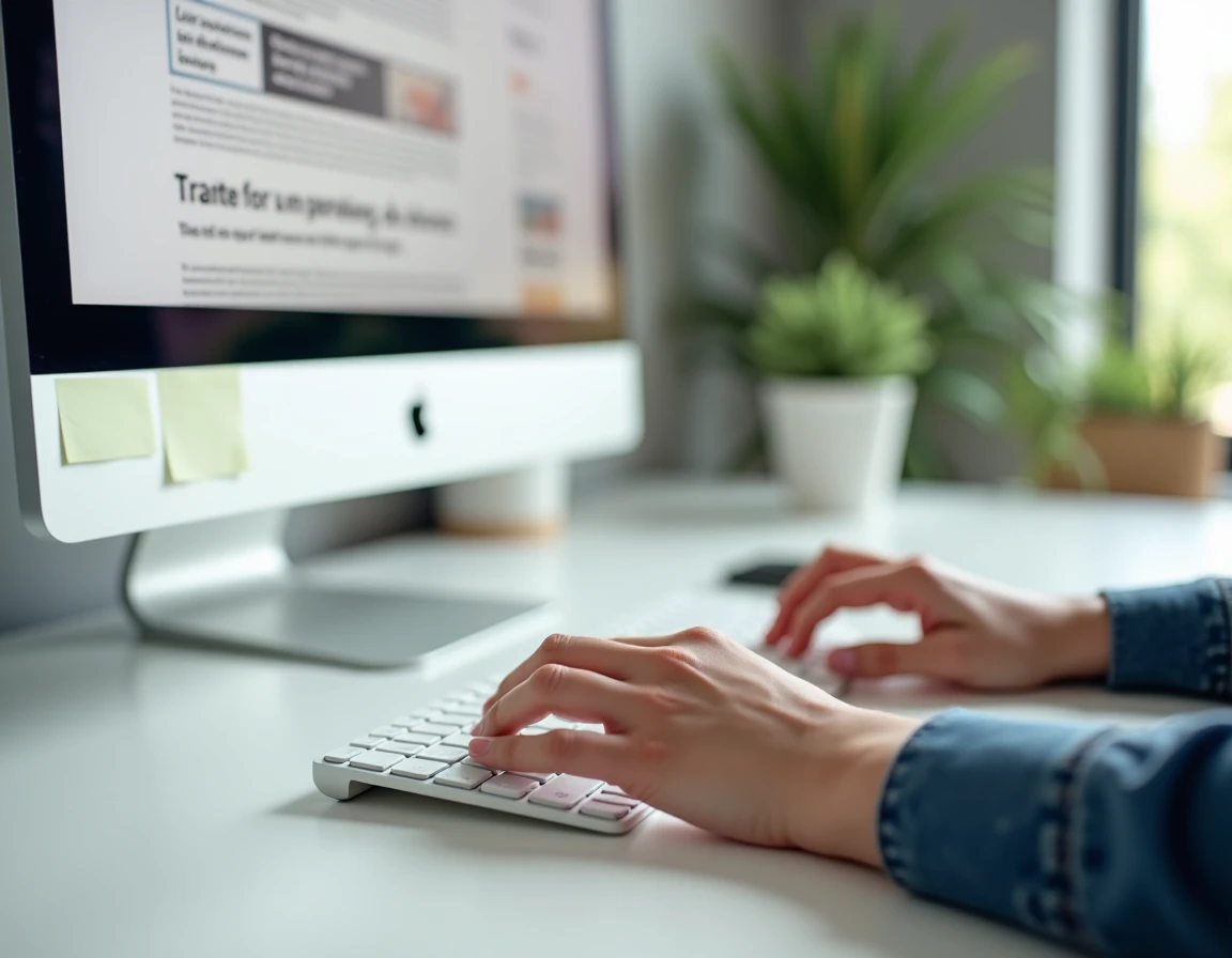 Gros plan de mains tapant sur un clavier devant un écran affichant un éditeur de blog en français pour débutants