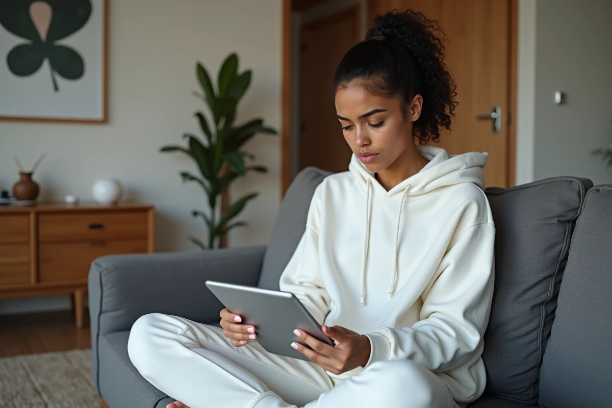Jeune femme vérifiant les paramètres de confidentialité d'une application magazine sur tablette depuis son salon