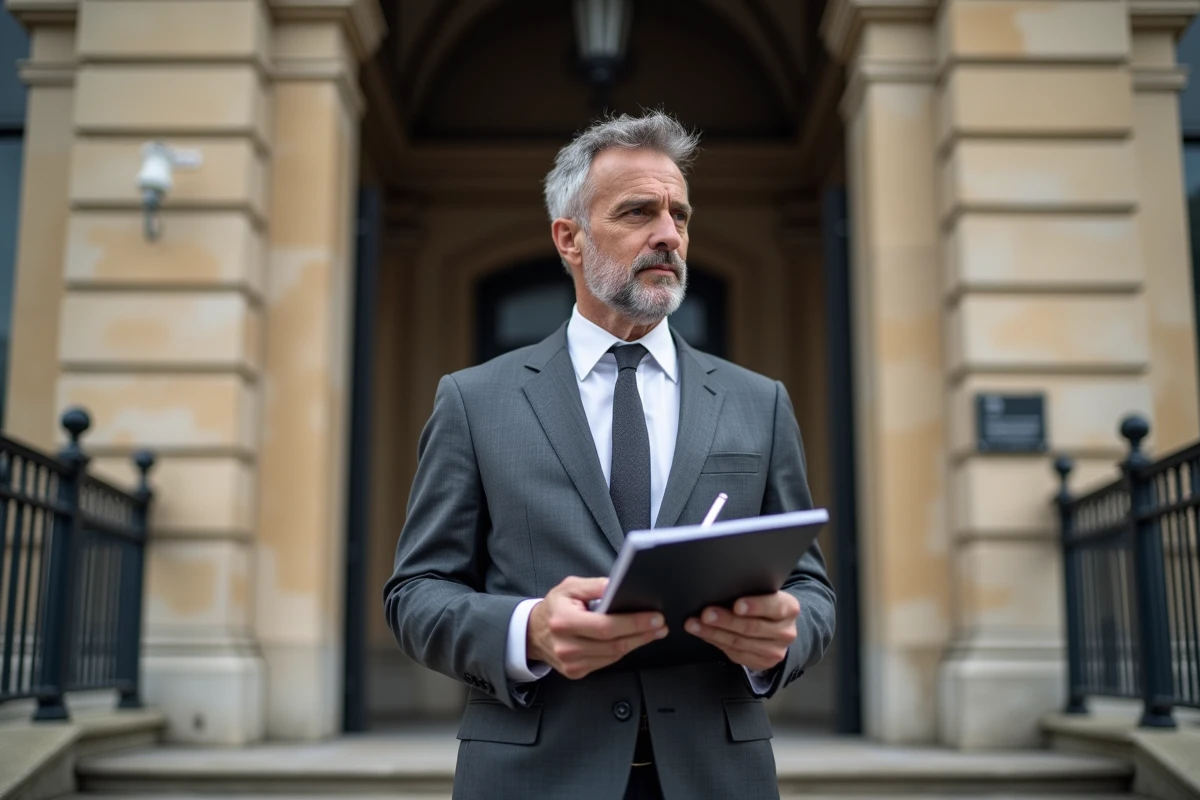 Journaliste politique debout devant un bâtiment gouvernemental français en pierre avec carnet de notes à la main