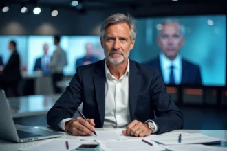 Journaliste politique masculin en blazer marine assis dans une rédaction moderne avec documents et écrans d'actualité en arrière-plan