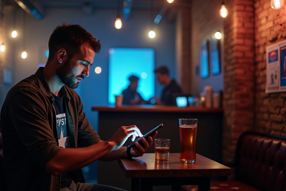 Homme consultant le line-up d'un club électronique parisien sur son smartphone dans une salle de concert underground