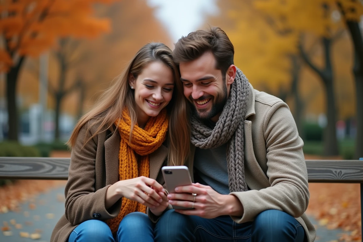 Deux amis lisant ensemble un webtoon sur smartphone dans un parc en automne