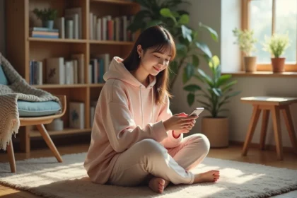 Jeune femme lisant un webtoon sur smartphone dans une chambre cosy entourée de mangas