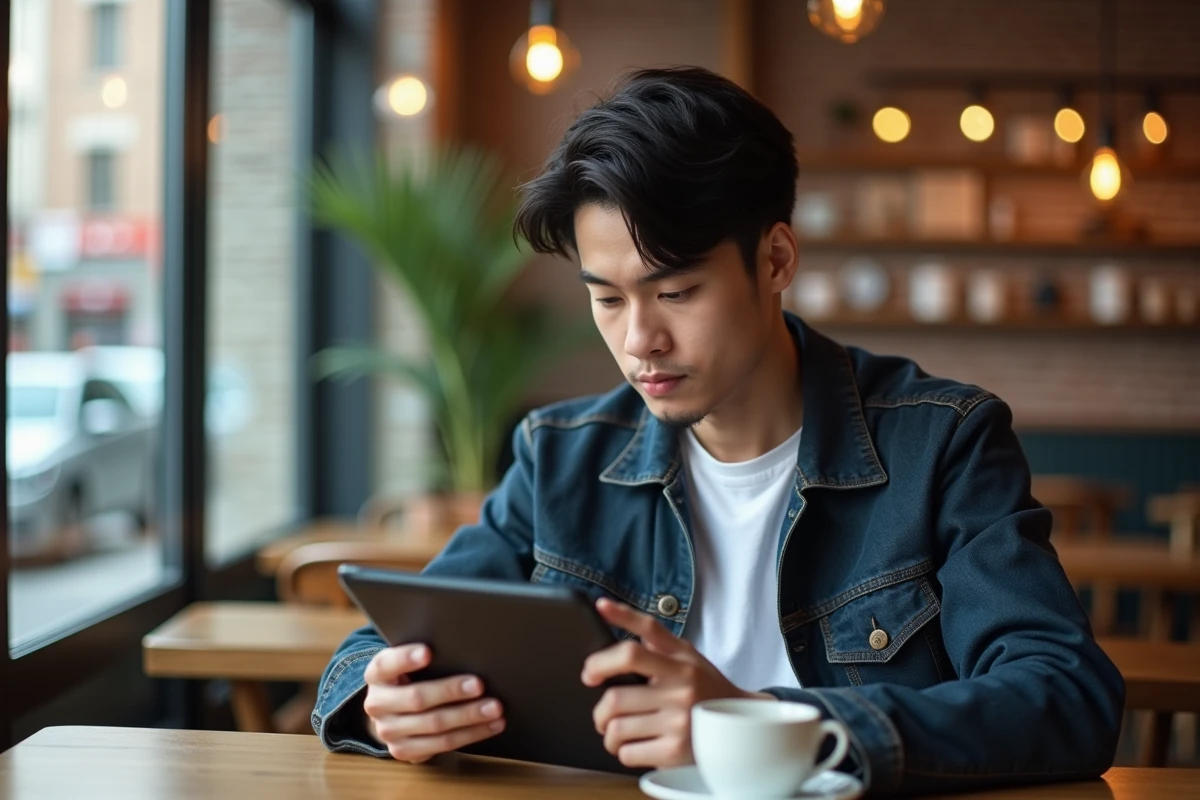Jeune homme lisant un webtoon sur tablette dans un café moderne et décontracté