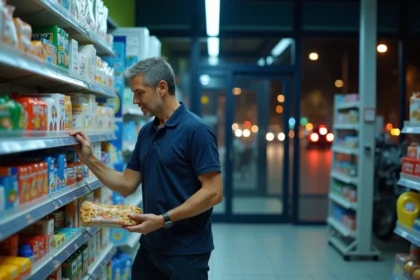 Employé de superette réapprovisionnant les rayons la nuit dans un magasin ouvert 24h/24 à Montpellier