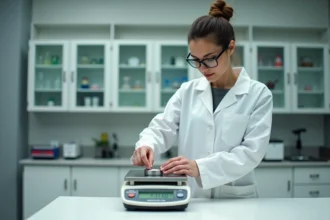 Femme en blouse blanche utilisant une balance de précision numérique en laboratoire pour mesurer des grammes et kilogrammes