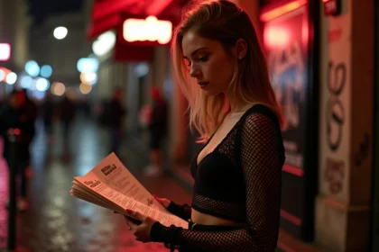 Jeune femme consultant la programmation d'une boite électro parisienne devant l'entrée d'un club de nuit