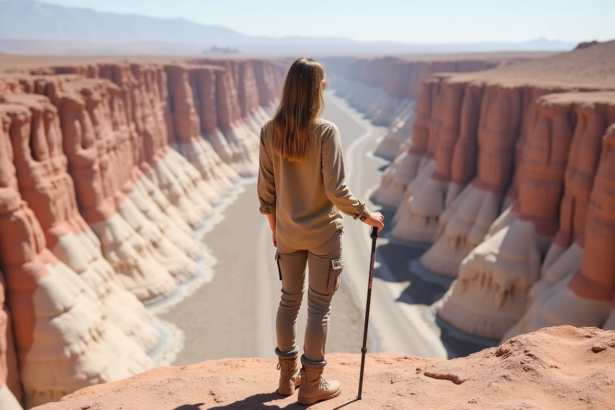 Randonneuse observant les gorges d'érosion aux teintes pastel du désert d'Atacama au Chili
