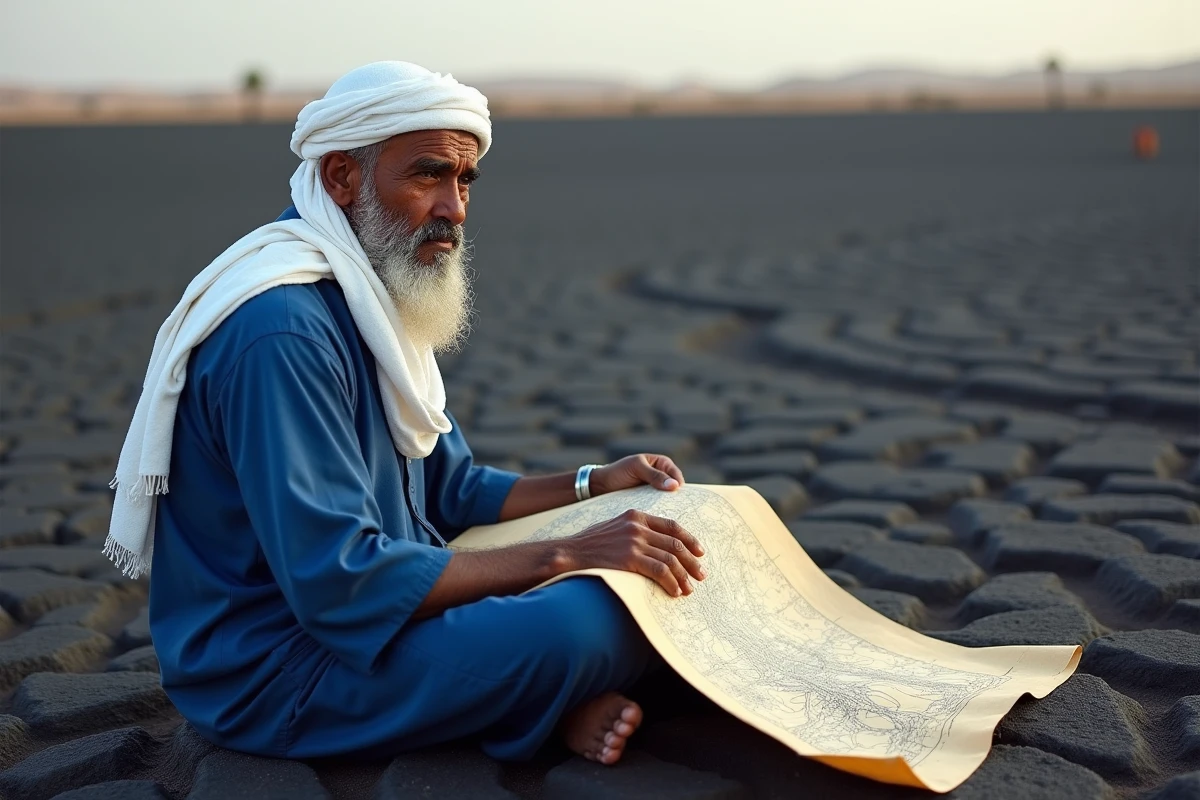 Homme touareg consultant une carte topographique sur un plateau basaltique volcanique du Sahara algérien