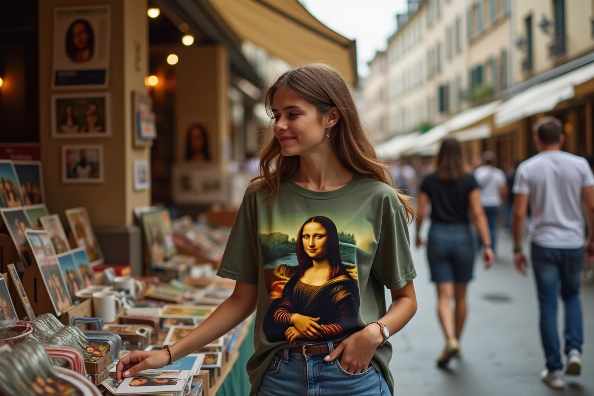 Jeune femme parcourant des articles dérivés de la Joconde dans un marché parisien