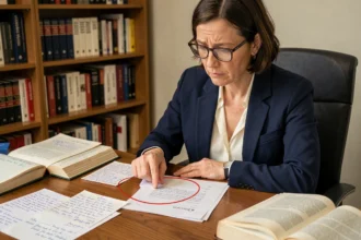 Femme consultant un livre de grammaire française pour comprendre les règles d'accord du mot cent dans les grands nombres