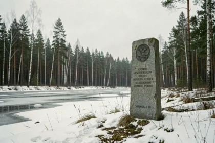 Borne frontalière en granit au bord de la taïga sibérienne enneigée, illustrant les vastes frontières terrestres de la Russie