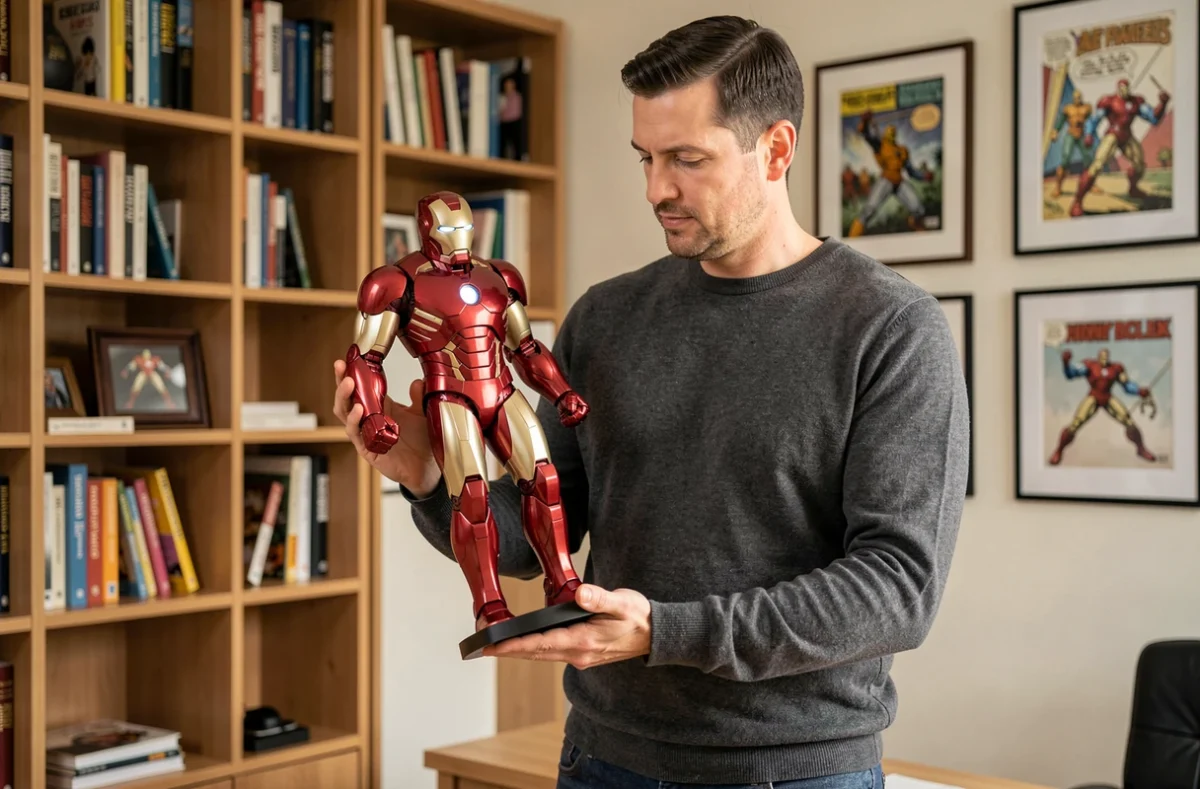 Collectionneur adulte tenant une statue Iron Man articulée à l'échelle 1:4 dans son bureau